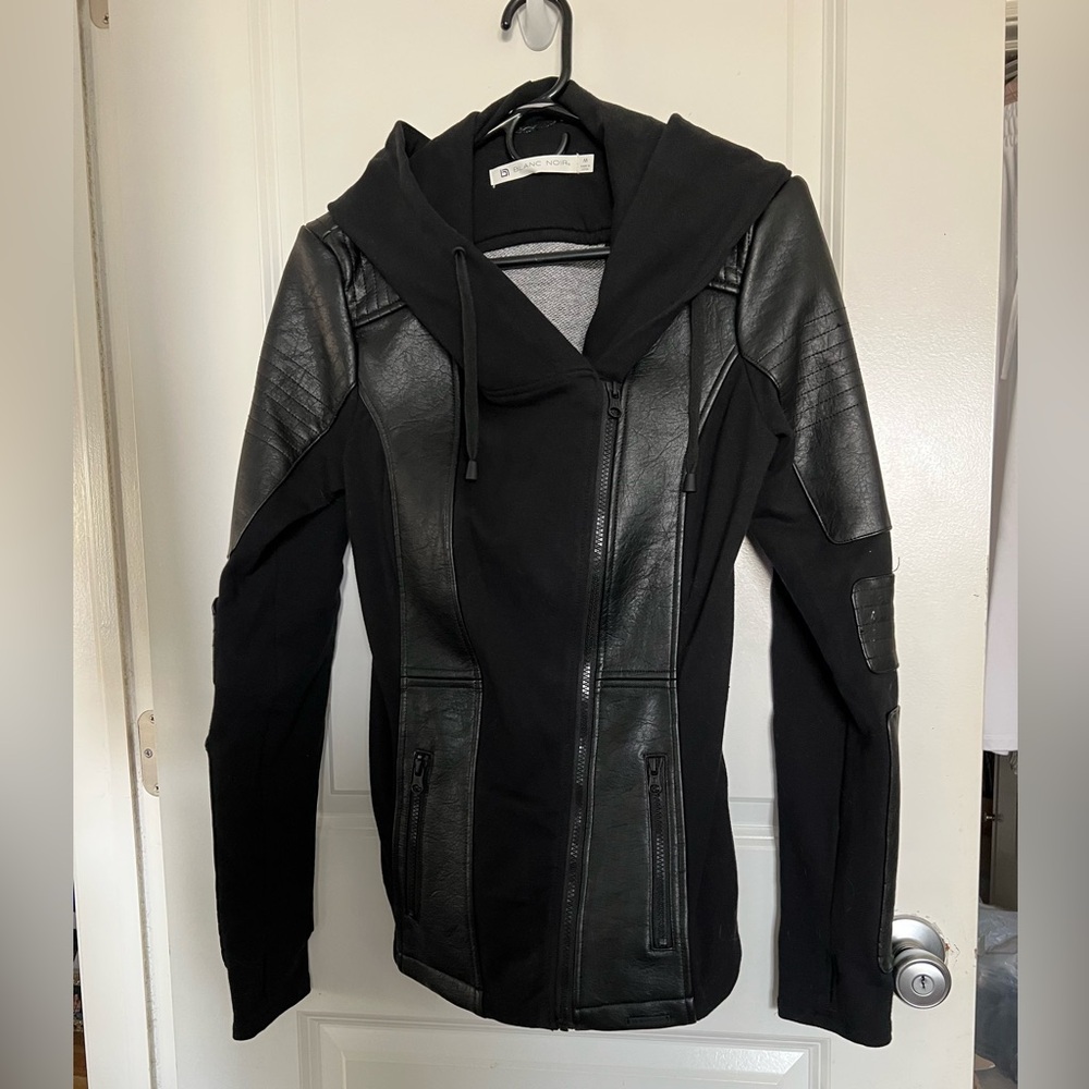 Black Hooded Jacket with Leather Accents